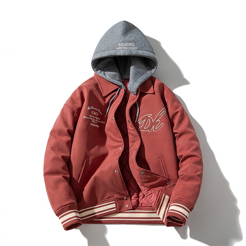 现货三色字母PU皮棒球服外套秋冬棉服带帽可拆卸,男装棉衣,电商A105