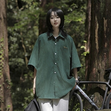 日系新款复古纯色短袖衬衫男女同款夏季宽松休闲情侣衬衣，男装衬衫，星座410-6（原星座1304-1）