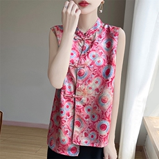 缎面古风立领盘扣不对称马甲，女装T恤，圣丽羊绒