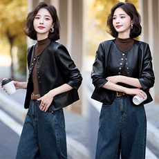 黑色小皮衣外套女2025秋季新款短款pu皮夹克圆领休闲单排扣上衣女，女装皮衣，美沁