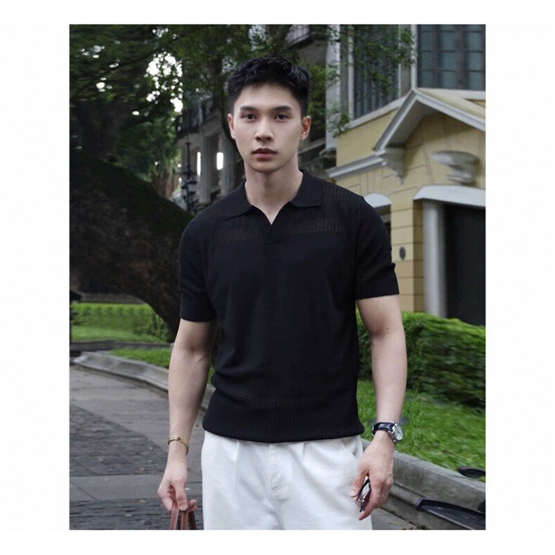 老钱风简约纯色poloT恤短袖半袖镂空拼接1150-p50,男装T恤,星座1012-1