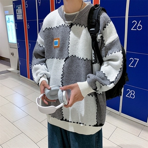 拼色毛衣秋冬男学生大码宽松慵懒风针织衫套头圆领毛线衣 M761图片