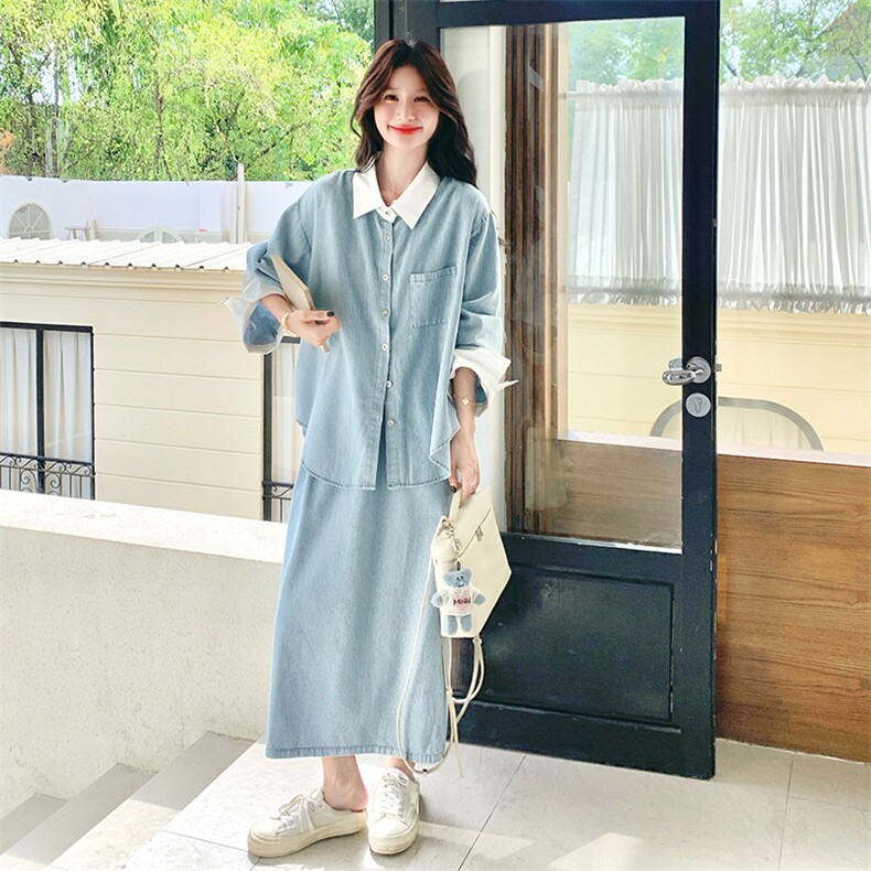 韩版宽松蓝色条纹衬衫半身裙套装女2025秋季新款高级感穿搭两件套,女装套装/套裙,2C108