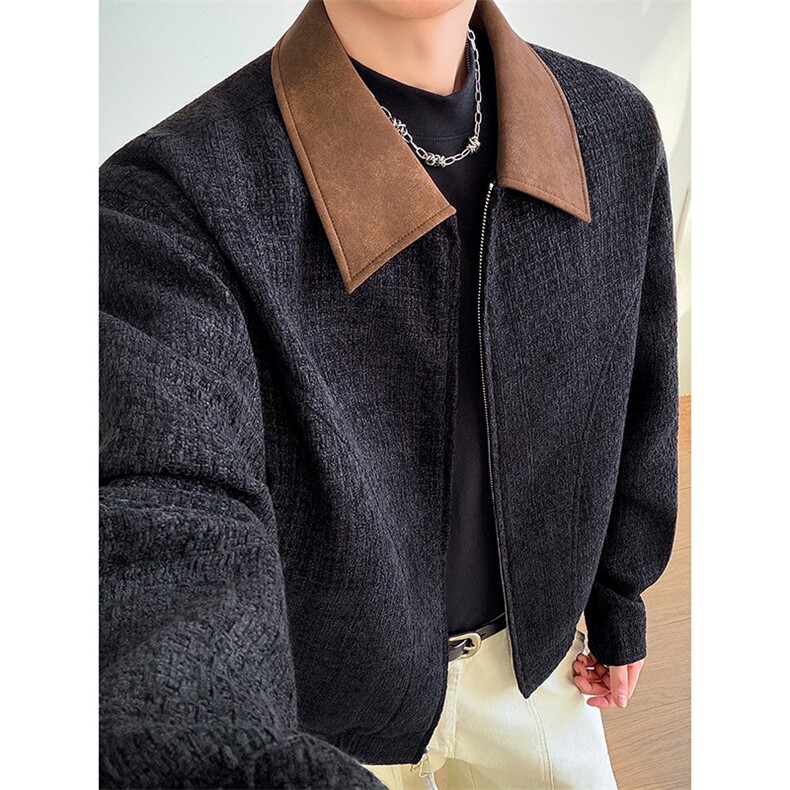 模特图~小香风拼皮双开拉链春季夹克外套YJ6009/P115,男装夹克,电商B331