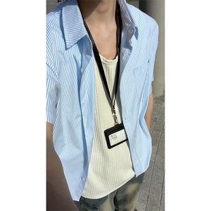 夏季条纹短袖衬衫男潮牌宽松休闲翻领衬衣外套DC2237-特价P26图片