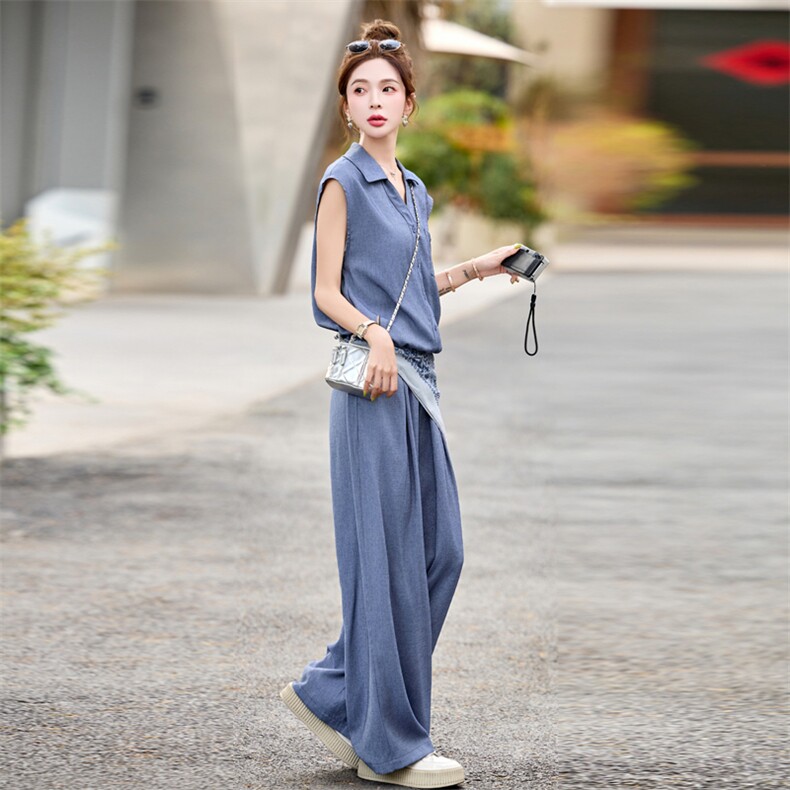 韩版简约气质翻领短袖上衣阔腿裤两件套女2025夏新款休闲时尚套装,女装套装/套裙,瑶迪依秀