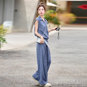 韩版简约气质翻领短袖上衣阔腿裤两件套女2025夏新款休闲时尚套装图片