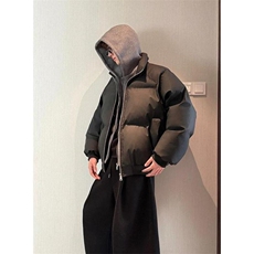 网图美式假两件pu皮短款棉服男款冬季加厚工装棉袄连帽外套特P89，男装皮衣，电商C306-1