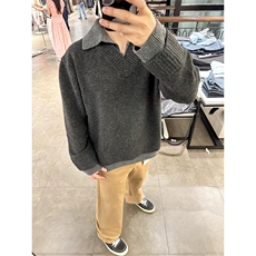 重磅北极绒假两件衬衫领毛衣美式高街复古休闲慵懒纯色翻领针织衫，男装针织衫/毛衣，电商A486-1