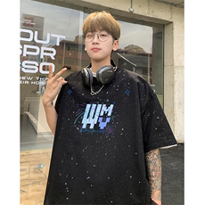 可48小时发货支持抖音得物来样二开美式满天星亮片短袖T恤MTX655，男装T恤，电商A486-1
