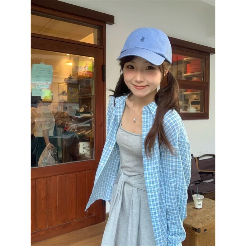 TC656-p45 美式复古蓝色格子衬衫外套女装夏季新款外搭图片