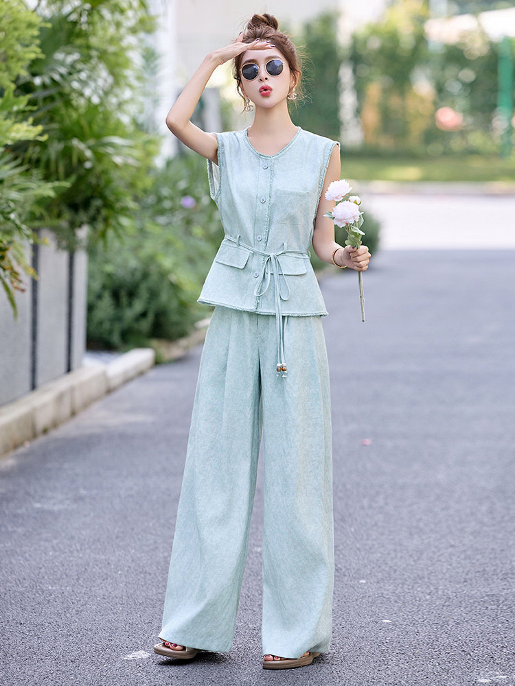 毛边蓝色无袖马甲阔腿裤套装女夏2025新款大方得体流行两件套通勤,女装套装/套裙,朵莱米