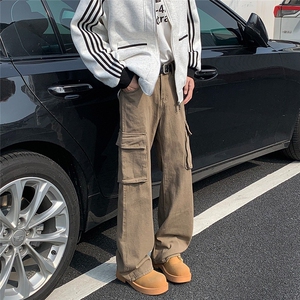 cleanfit棕色工装牛仔裤男秋款美式高街vibe风裤子宽松直筒阔腿裤图片