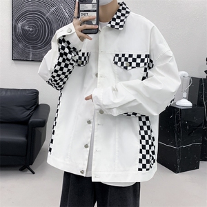 棋盘格拼接夹克男装春秋新款时尚外套潮流百搭宽松上衣JK101-P75图片