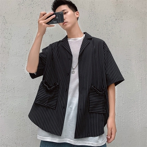 新款工装短袖衬衫男条纹口袋日系宽松上衣潮A452--40146--P60图片