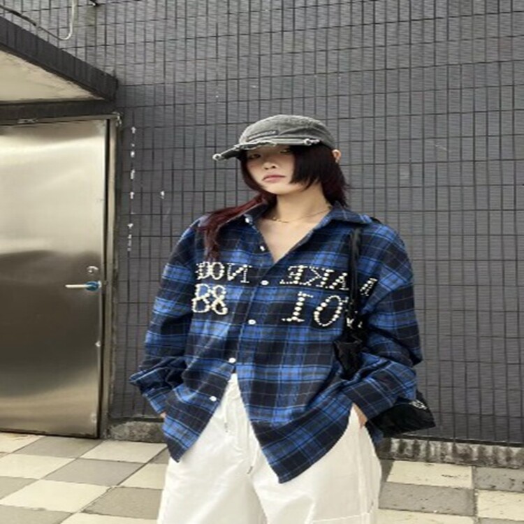 美式潮牌复古红色格子衬衫女春夏长袖防晒衬衣设计感宽松情侣外套,女装衬衫,星座218-8