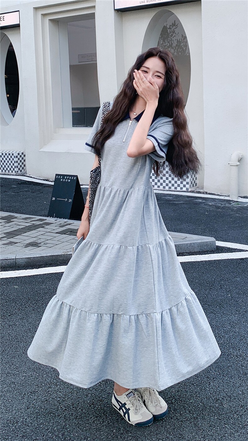撞色翻领休闲运动灰色POLO连衣裙女夏2025新款简单大方超好看独特,女装连衣裙,2D148