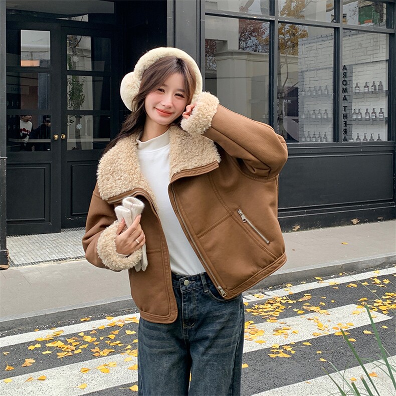 韩版时尚机车风皮毛一体外套女2025冬季新款显瘦加厚加绒棉服棉袄,女装短外套,纯色衣恋