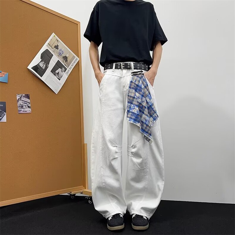 美式复古设计感可拆卸格纹方巾弯刀牛仔裤新款宽松青少年阔腿裤子，男装牛仔裤，星座601-1