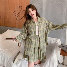 绿色复古格纹设计感长袖衬衫套装裙女2025秋季气质减龄短裙两件套，女装套装/套裙，2C122