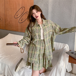 绿色复古格纹设计感长袖衬衫套装裙女2025秋季气质减龄短裙两件套图片