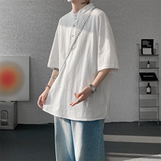 8XL-M中式立领棉麻T恤特大码亨利领亚麻短袖polo衫半袖DX1210/P45，男装T恤，电商B238