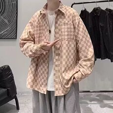 棋盘格子衬衫男女长袖ins潮流情侣小众翻领衬衣宽松日系休闲外套，男装衬衫，星座1210-1