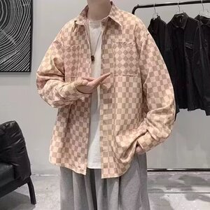 棋盘格子衬衫男女长袖ins潮流情侣小众翻领衬衣宽松日系休闲外套图片