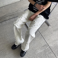 高街vibe破坏毛边微喇叭牛仔裤男美式潮牌复古宽松长裤107733-p53，男装牛仔裤，星座1008