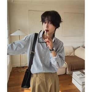 春条纹长袖衬衫男韩版潮流寸衫日系休闲衬衣宽松上衣710-813图片