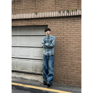 格子衬衫男长袖水洗树纹宽松休闲上衣美式复古衬衣潮CS691-P50图片