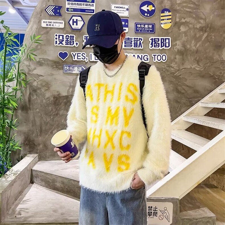 秋冬休闲新款美式复古字母水貂毛慵懒风毛衣情侣休闲针织衫外套,男装针织衫/毛衣,星座1013