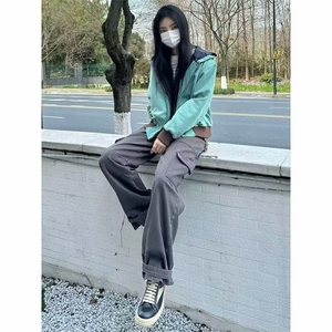 春秋款湖绿色哈灵顿飞行员夹克男美式复古宽松休闲高级感连帽外套图片