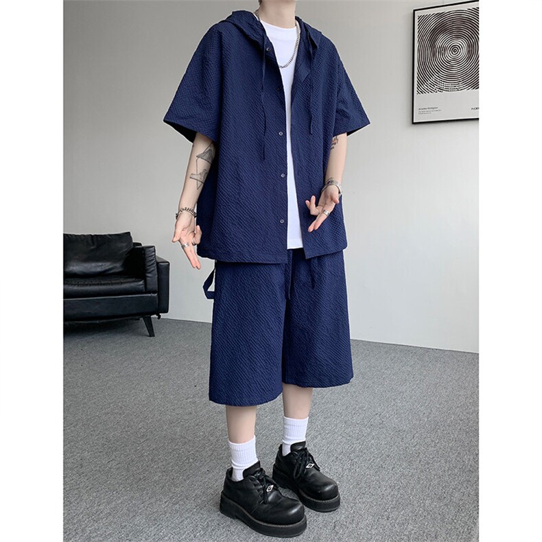 TZ793-特55控98新款速干肌理感连帽男短袖衬衫六分裤大码套装,男装T恤,电商A059