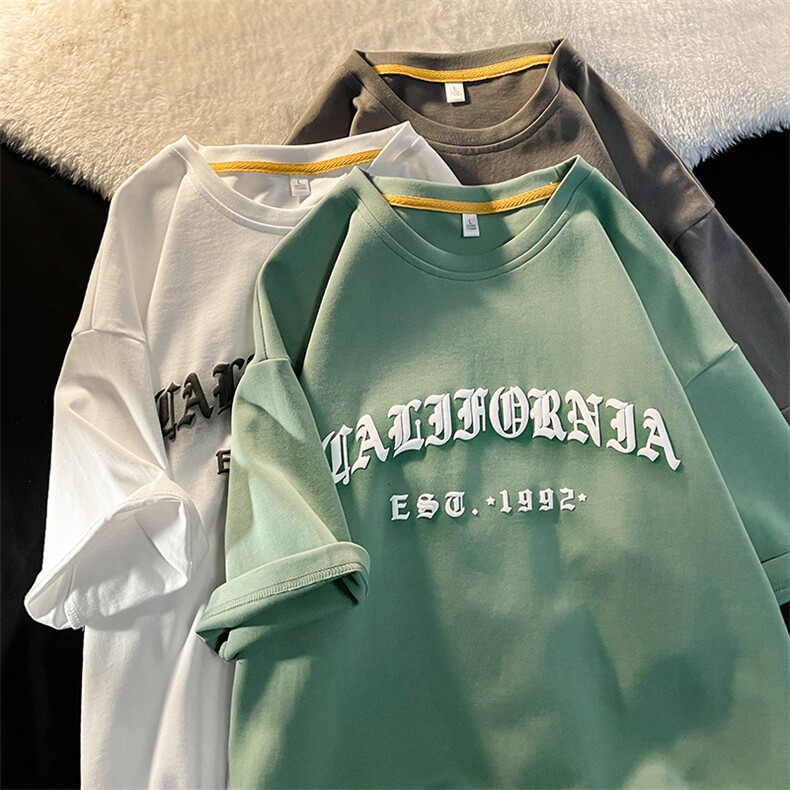 新款港风平铺摆拍短袖T恤腰果花发泡字纯手感宽松TC3111-P29,男装T恤,星座717