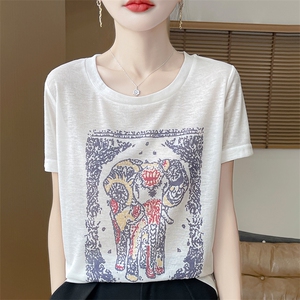 拼色大象图案短袖t恤女夏季2025新款打底衫洋气大码冰丝针织上衣图片