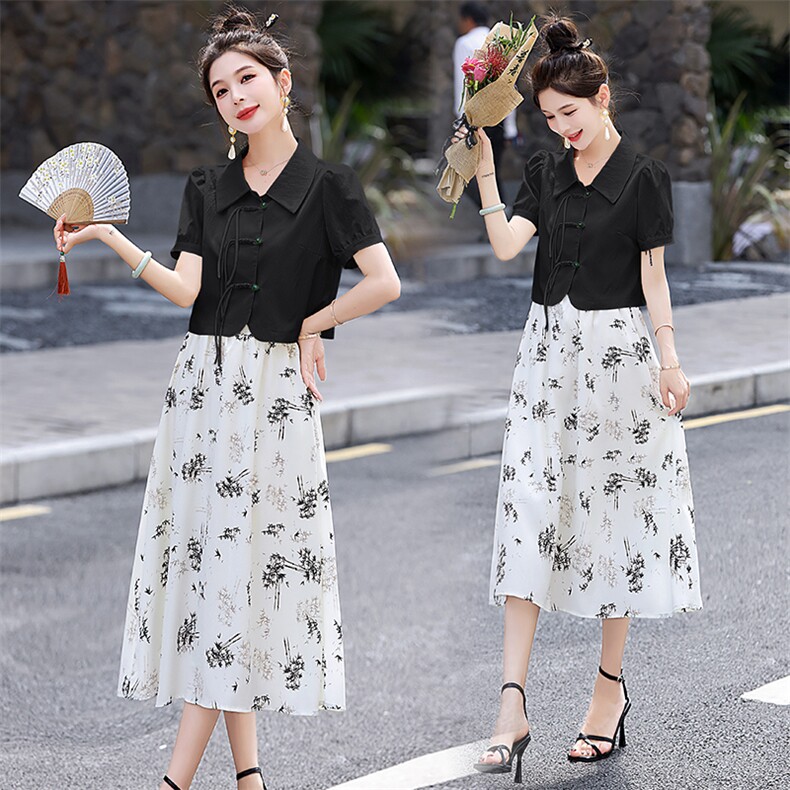 现货2026春夏新款印花平纹改良新中式盘扣女两件套裙，女装套装/套裙，兰菲阁