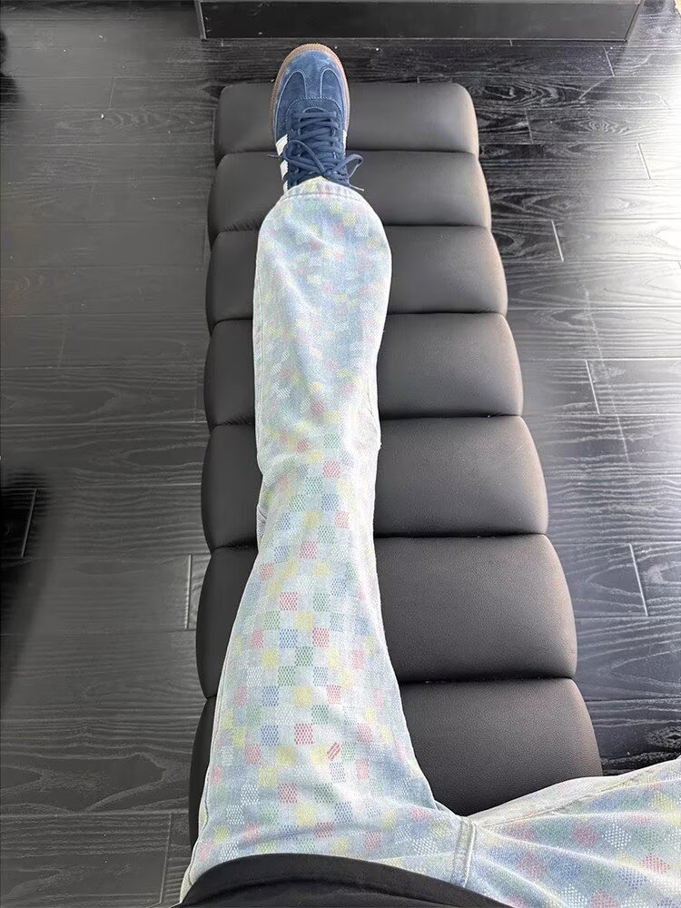 彩色棋盘格子牛仔裤男款秋季高街vibe潮牌阔腿裤情侣弯刀微喇裤子,男装休闲裤,星座513A