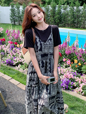 2025年夏季新款T恤复古碎花吊带连衣裙-款号5857-P145-K218，女装套装/套裙，浙宝305