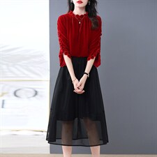 2022现货秋冬新款打底裙子条金丝绒上衣收腰显瘦时尚两件套女装，女装套装/套裙，韩然一族