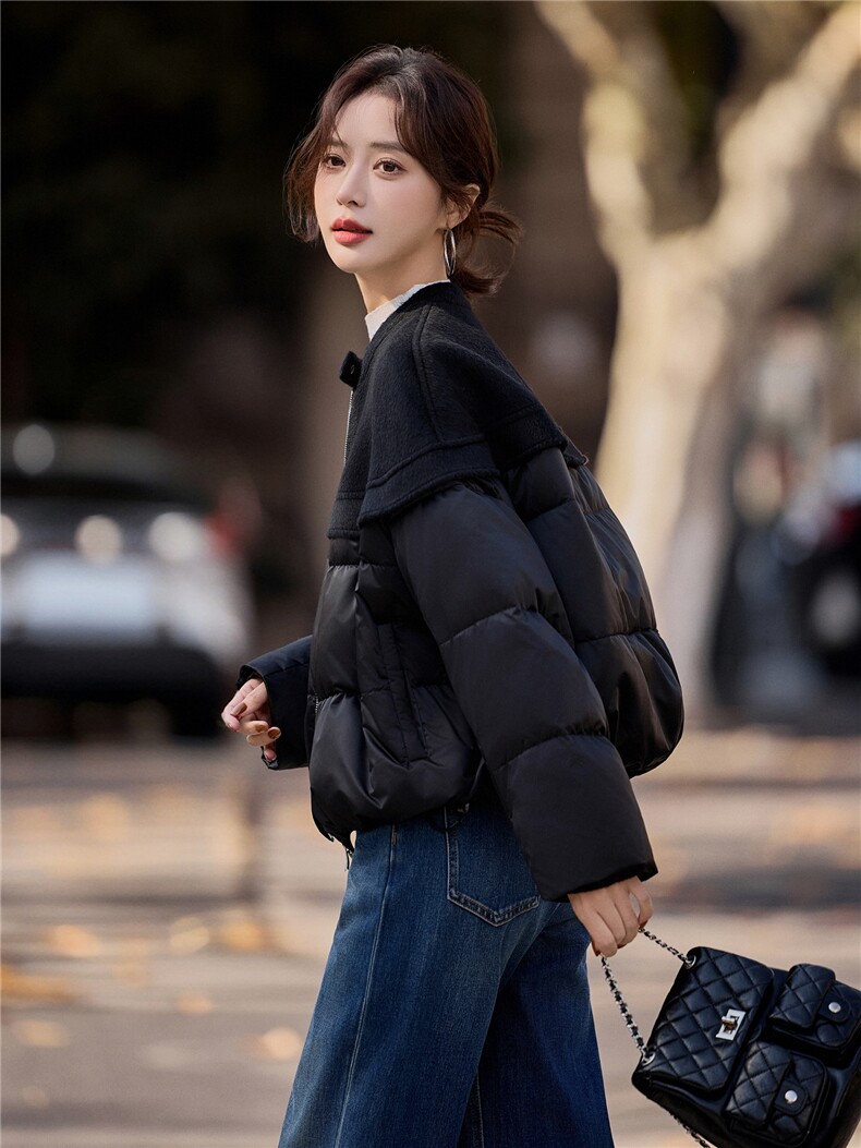 黑色短款休闲拼接羽绒服女2026冬季新款圆领休闲百搭上衣,女装羽绒服,梦懿尔