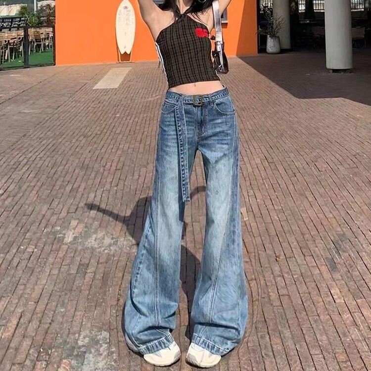 秋冬新款美式复古拼接微喇叭牛仔裤女显瘦设计感腰带马蹄阔腿裤子,男装牛仔裤,星座218-8