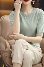 时尚百搭圆领短袖针织衫秋季新款休闲舒适女装毛衣，女装针织衫/毛衣，凝珊羊绒