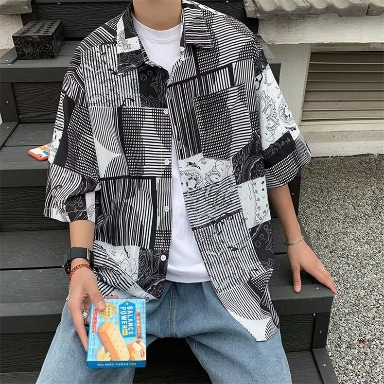 格纹肌理痞帅花衬衫男士2024春夏季宽松休闲短袖衬衣外套男,男装衬衫,星座716-2