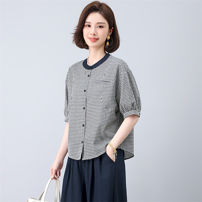 小个子格子圆领衫女夏季韩版休闲宽松年轻款妈妈薄款衬衫上衣潮,女装衬衫,江忆布依