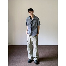 蓝色格纹假领带衬衫男女夏季短袖美式衬衣情侣A2270-P39，男装T恤，星座208-5