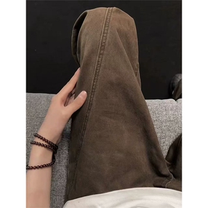 网图有货 美式复古咖啡色斜切牛仔裤男女美式高街直筒裤A1297-P53图片