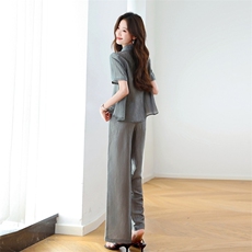 时尚通勤V领阔腿裤两件套女2025年夏季新款气质显瘦减龄休闲套装，女装大码女装，梦依杭