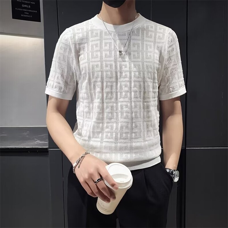 夏季提花镂空冰丝短袖T恤男修身圆领冰爽丝纯色针织半袖M864,男装T恤,星座1116A-2（原606A-1）