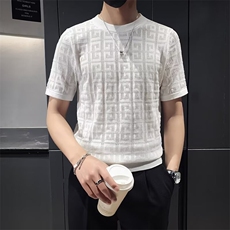夏季提花镂空冰丝短袖T恤男修身圆领冰爽丝纯色针织半袖M864，男装T恤，星座1116A-2（原606A-1）